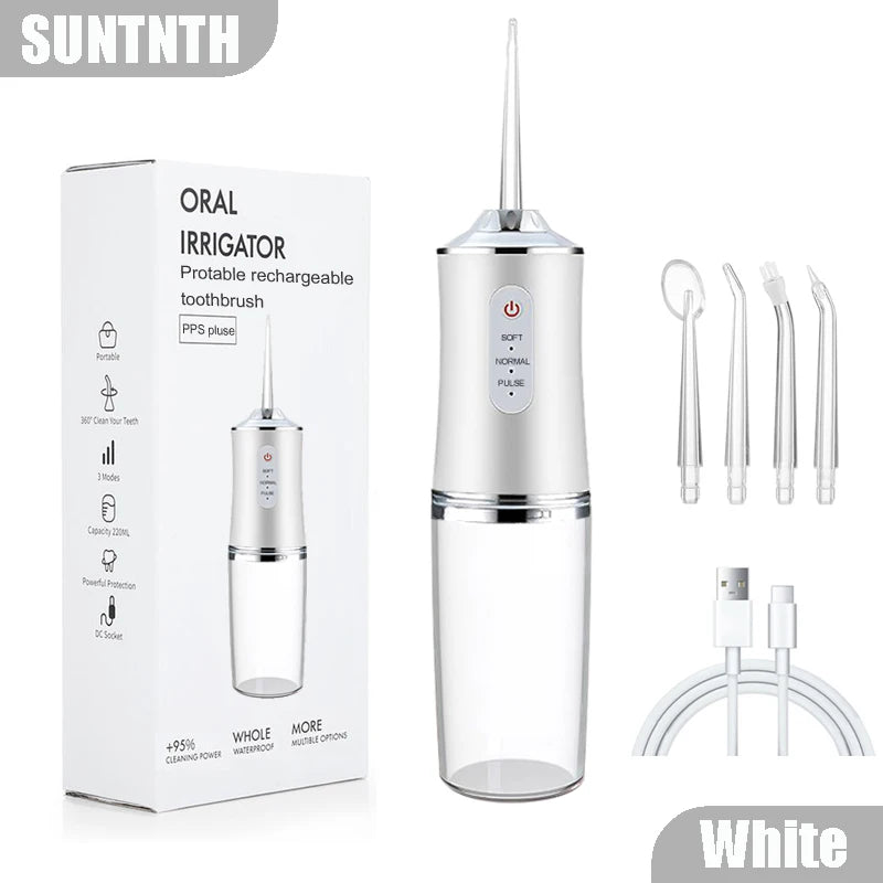A white portable rechargeable oral irrigator toothbrush with a clear reservoir and cleaning accessories.