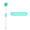 A single green reusable tongue scraper for oral hygiene.