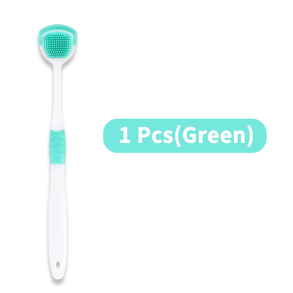 A single green reusable tongue scraper for oral hygiene.