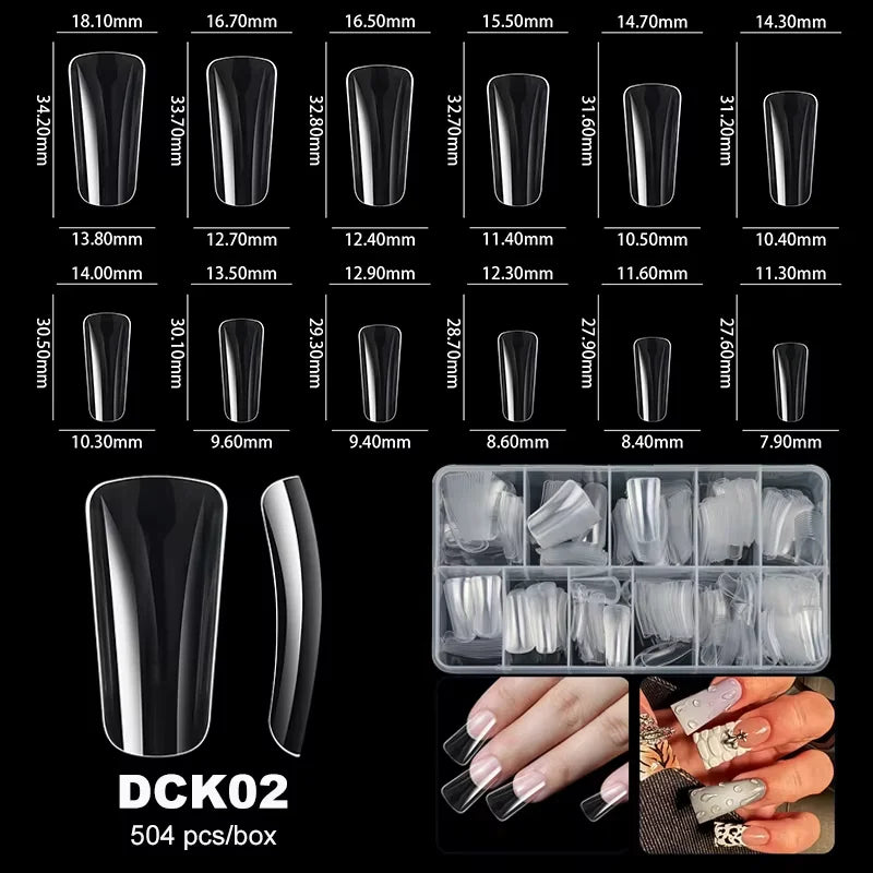 Boîte de pointes d'ongles en acrylique fausses C-curve DK02 extra longues, en différentes longueurs et formes