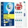 A white electric toothbrush and several replacement brush heads are shown in a box and individually.