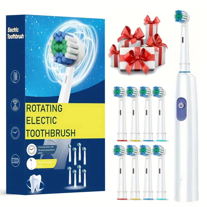 A white electric toothbrush and several replacement brush heads are shown in a box and individually.