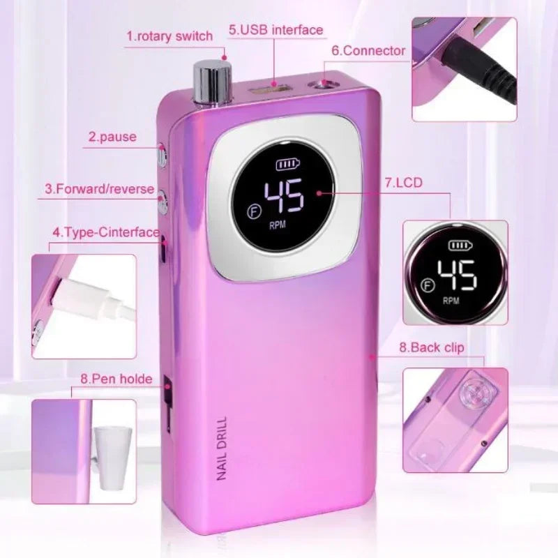 Un appareil de ponçage à ongles électrique rechargeable rose professionnel avec divers accessoires.