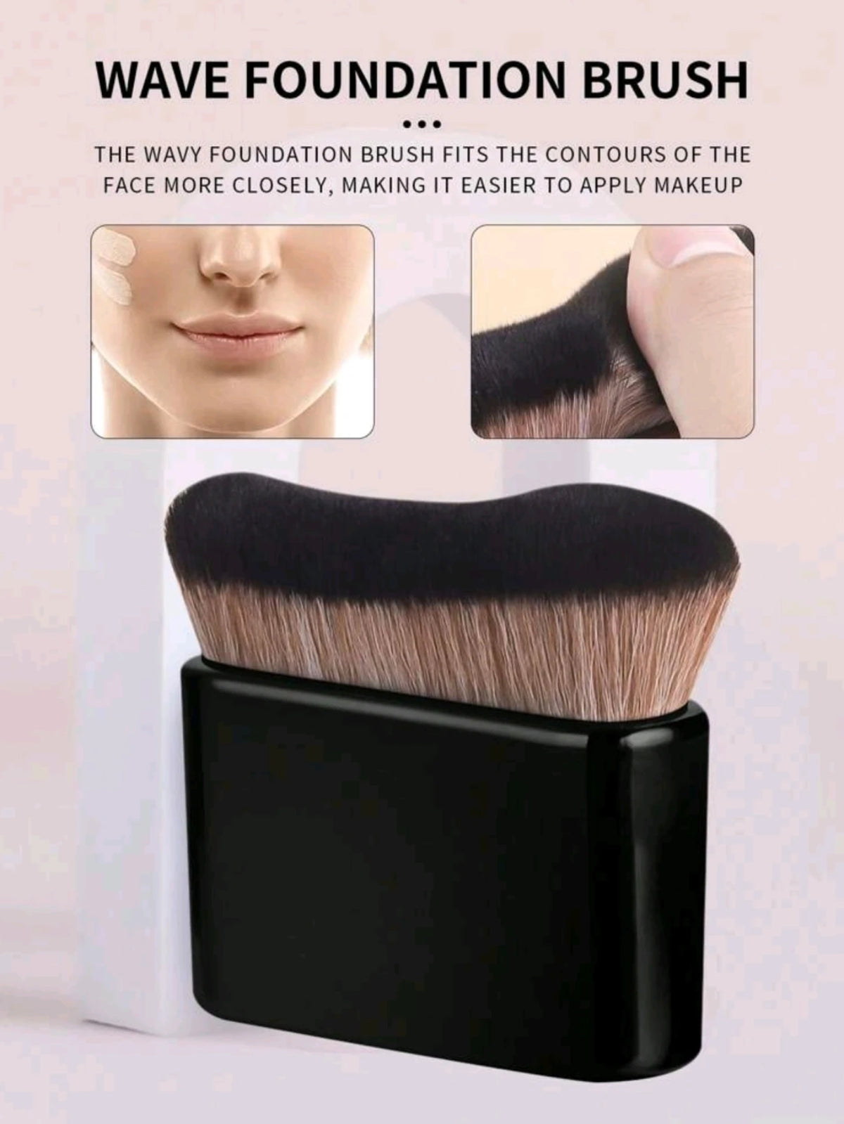 Un pinceau de fond de teint ondulé noir avec un gros plan des poils et une démonstration de contouring facial.