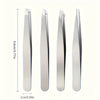 A set of professional stainless steel tweezers shown in various angles and sizes.