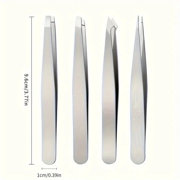 A set of professional stainless steel tweezers shown in various angles and sizes.
