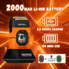 An orange and black Rosyous Vector professional clipper with a 2000mAh Li-ion battery shown next to usage details.