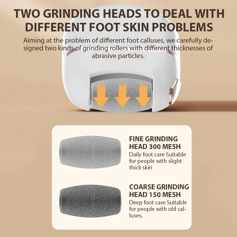 A white electric foot grinder with two grinding heads, one fine mesh and one coarse mesh, designed for treating foot calluses