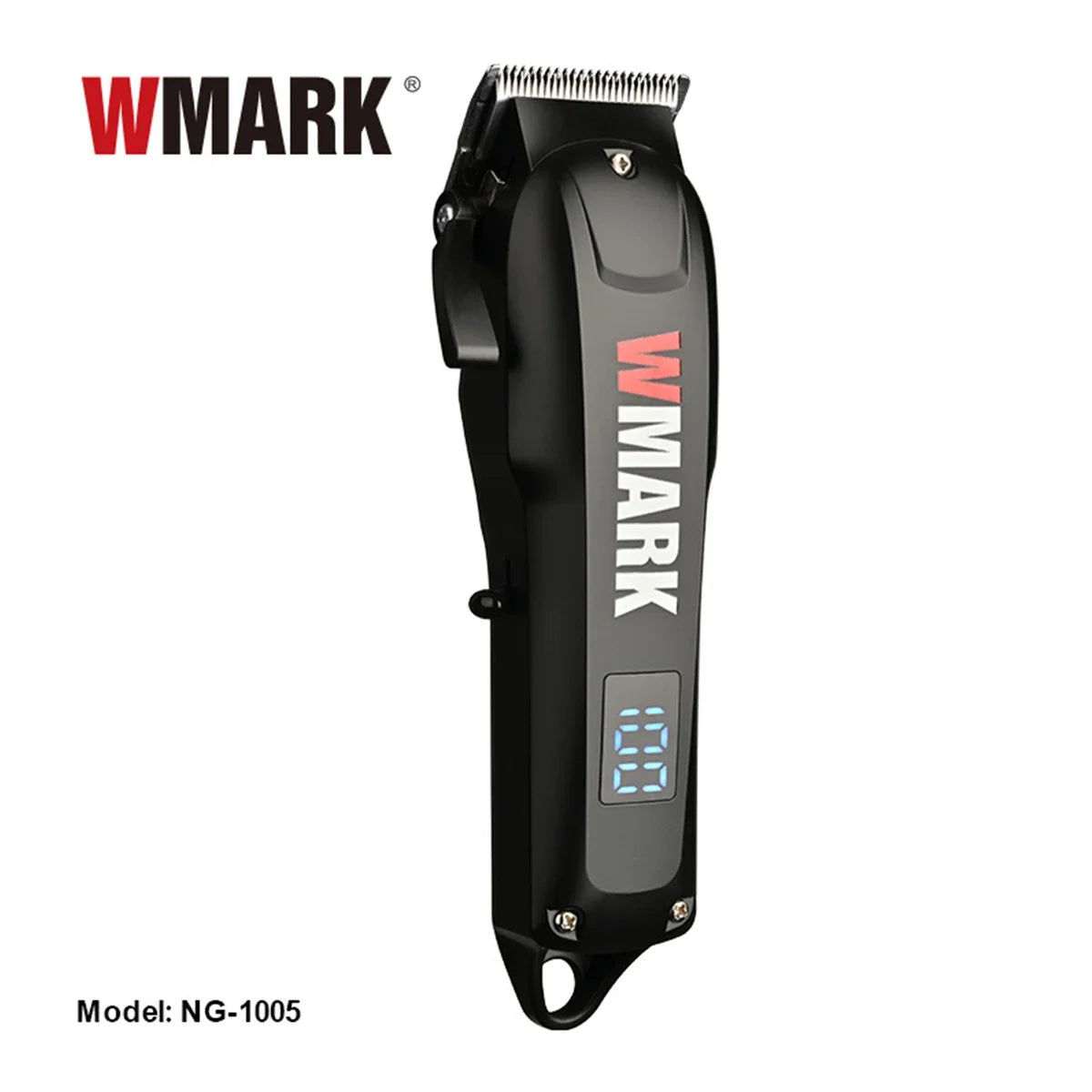 Black WMARK NG-1005 cordless electric hair clipper with a metal guard and digital display