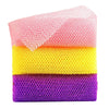 Three stacked exfoliating bath sponges or washcloths in pink, yellow, and purple.