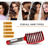 Red nylon bristled detangling comb shown with various hair types and styling options