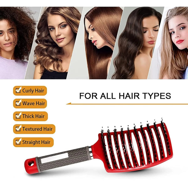 Red nylon bristled detangling comb shown with various hair types and styling options