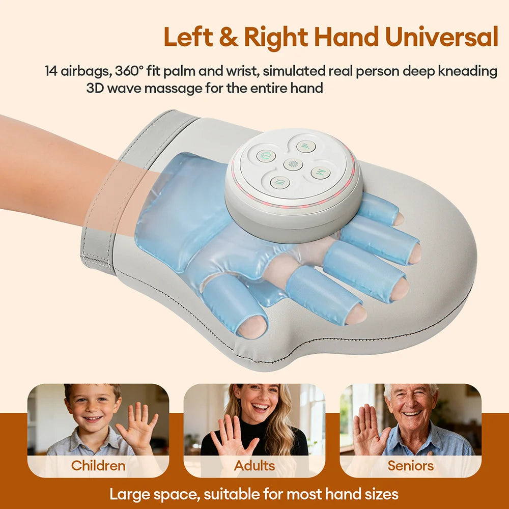 A hand massager device with silicone pads is shown on a hand, demonstrating its use for deep kneading massage.