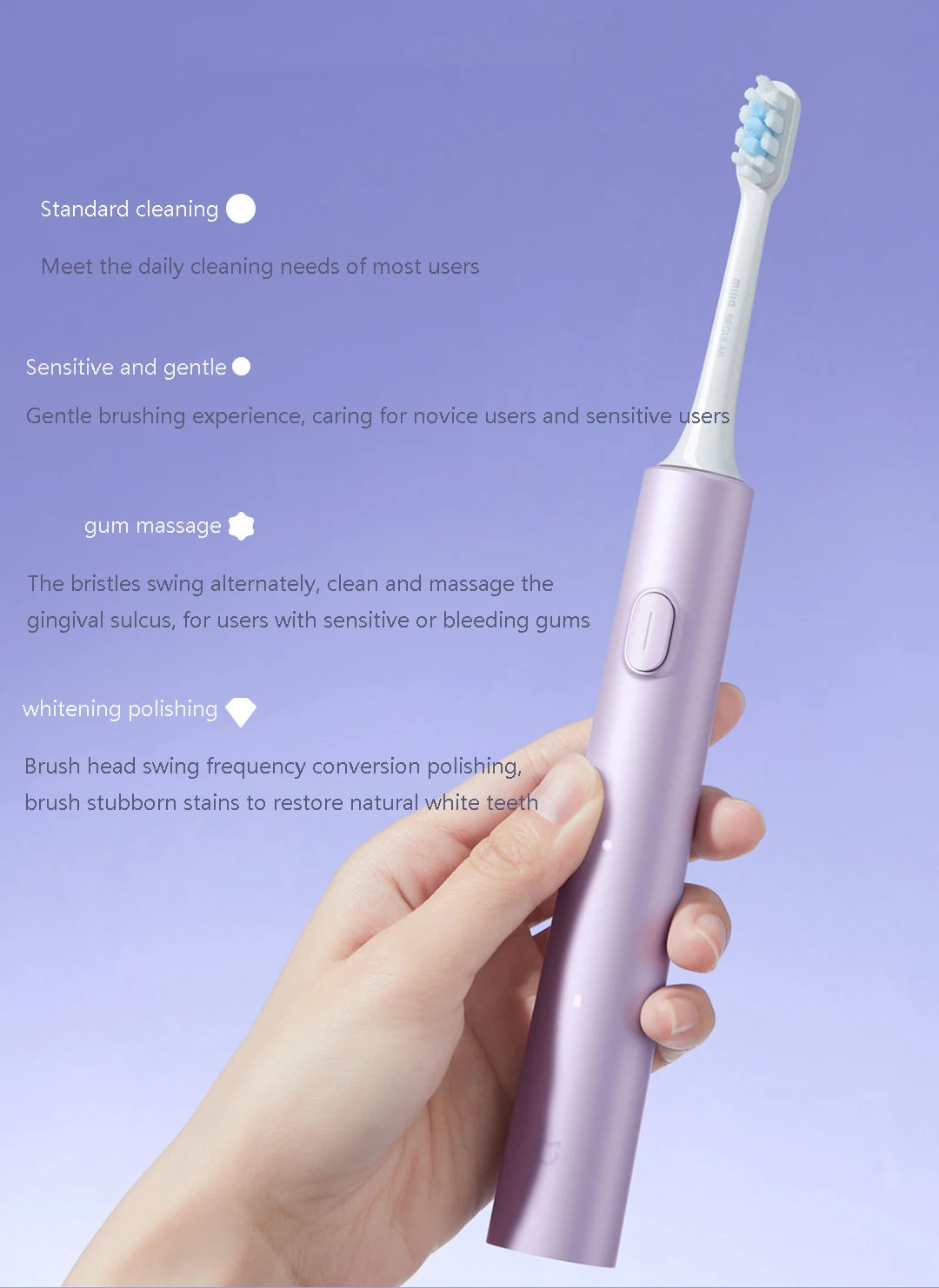 A hand holds a purple sonic electric toothbrush with a white brush head, demonstrating its various cleaning modes.