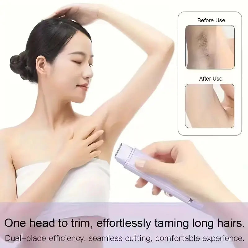 A hand is shown using a portable dual-head electric shaver for trimming long hair.
