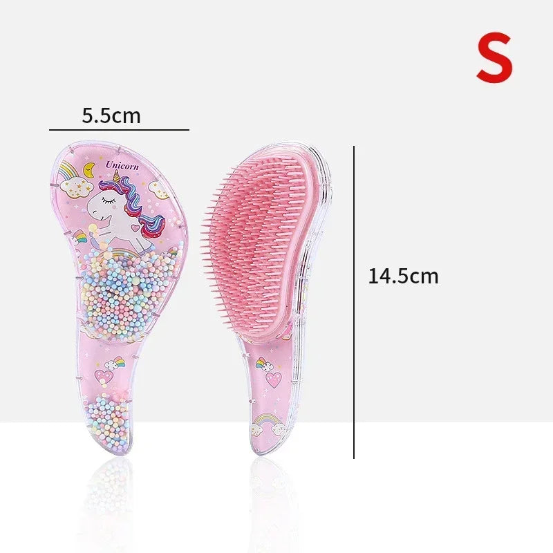 A pink unicorn cartoon animal hair comb with a unicorn design and colorful bristles.