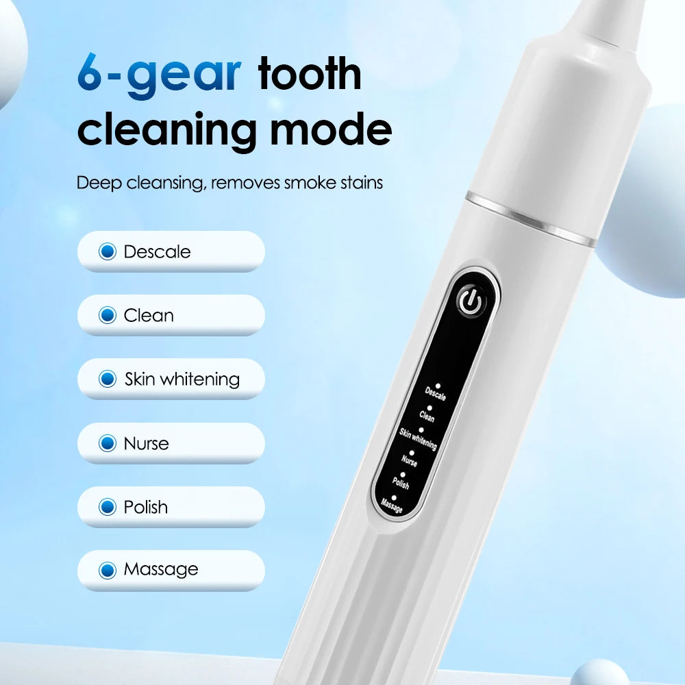 A white sonic electric toothbrush with a display showing six cleaning modes including Descale, Clean, Skin whitening, Nurse, 