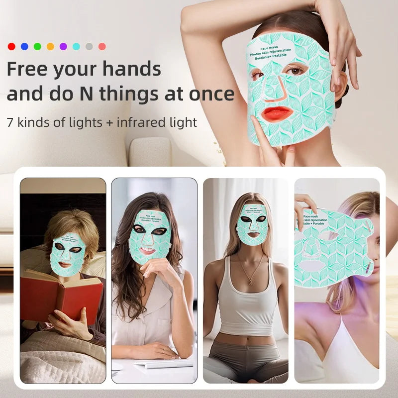 A woman applying a green LED light therapy face mask to her face.