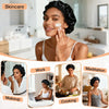 A woman applying skincare products while wearing a satin wrap cap bonnet, surrounded by lifestyle scenes.