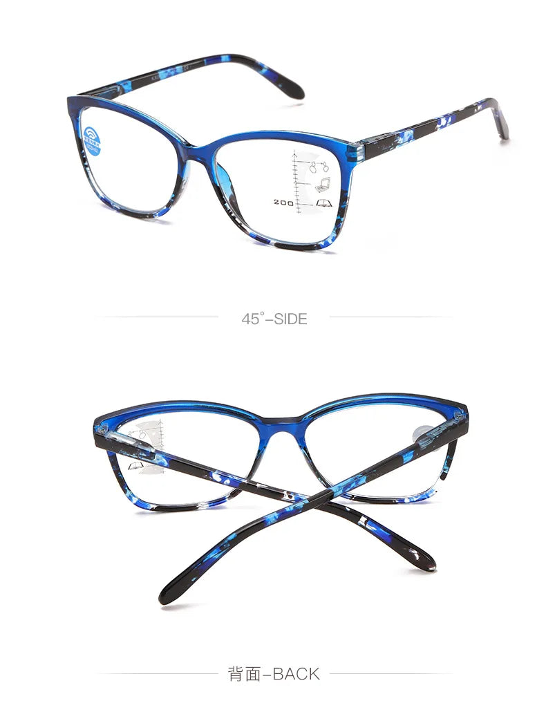 A pair of blue-framed progressive multifocal reading glasses shown from the front and back.