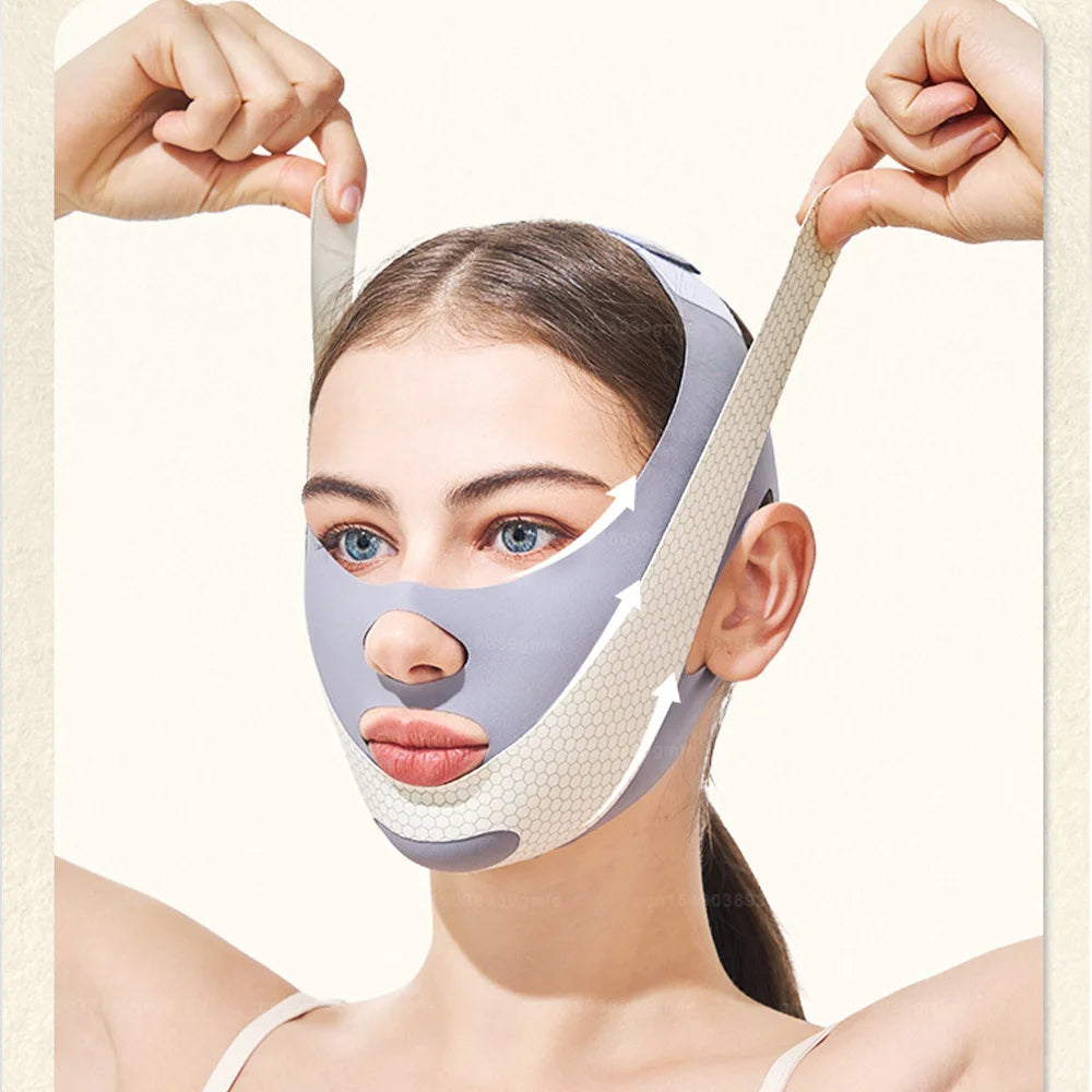 A woman is wearing a gray V-Line face sculpting and slimming strap on her face.