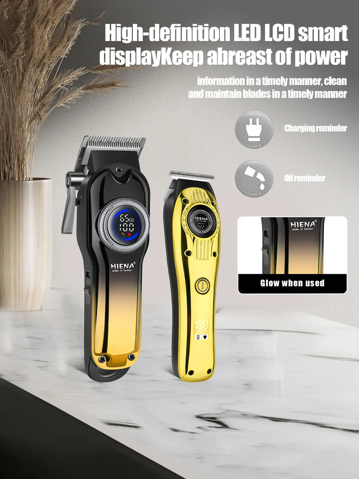 A pair of gold and black HIENA LED LCD smart display electric hair clippers are shown on a marble surface.
