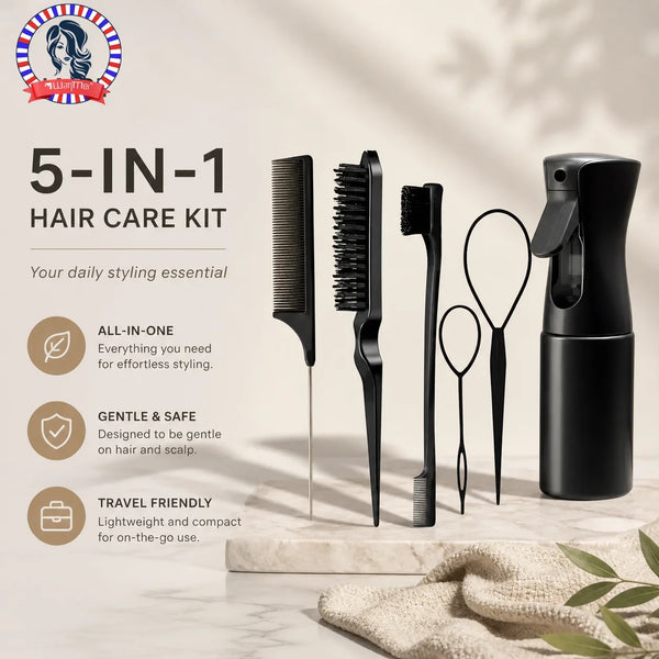 A black 5-in-1 hair care kit featuring a comb, brush, and styling tools displayed on a marble surface.