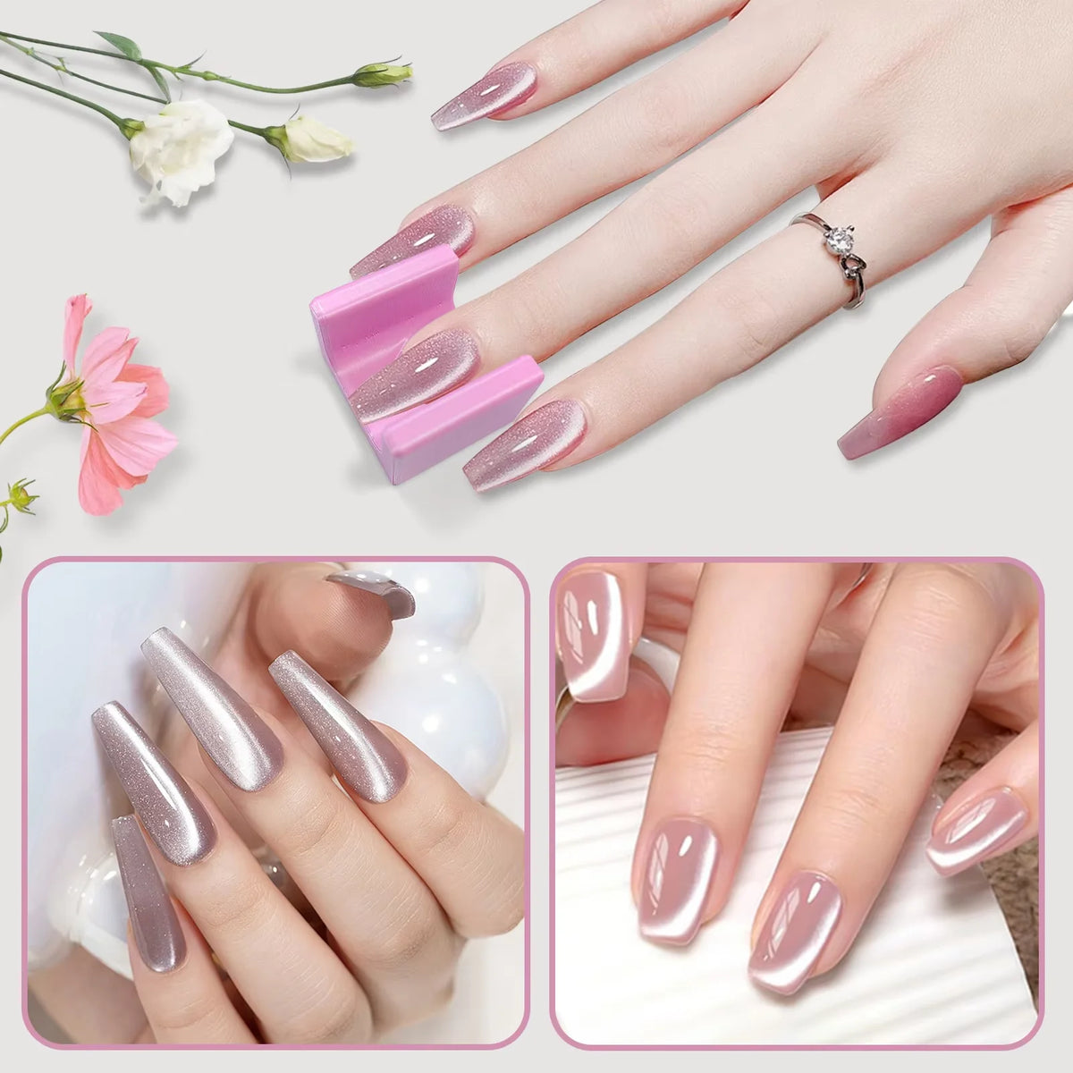 A hand displays various nail art designs using a 5D cat eye magnet tool, featuring pink and nude shades.