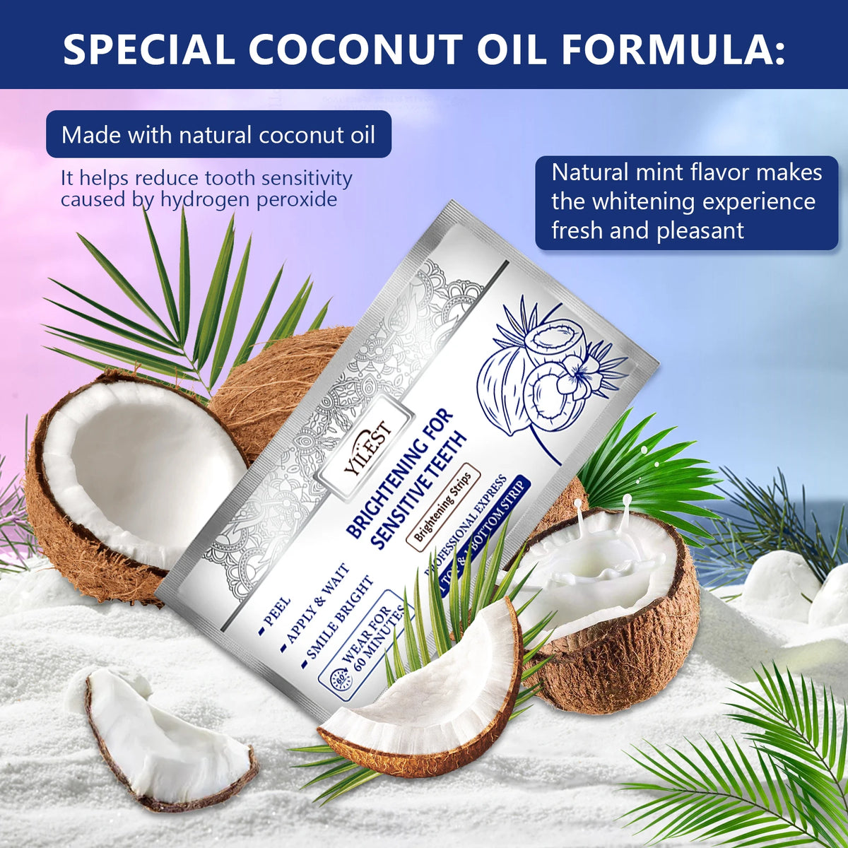 Un paquete de tiras para blanqueamiento junto a mitades de coco y hojas verdes, promocionando una fórmula especial de aceite 