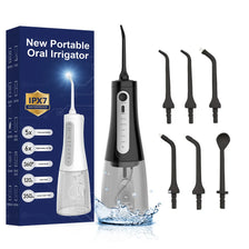 A box and various attachments for a new portable oral irrigator water flosser device.