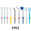 A set of nine replacement tips and nozzles for a water flosser, including various shapes and colors.