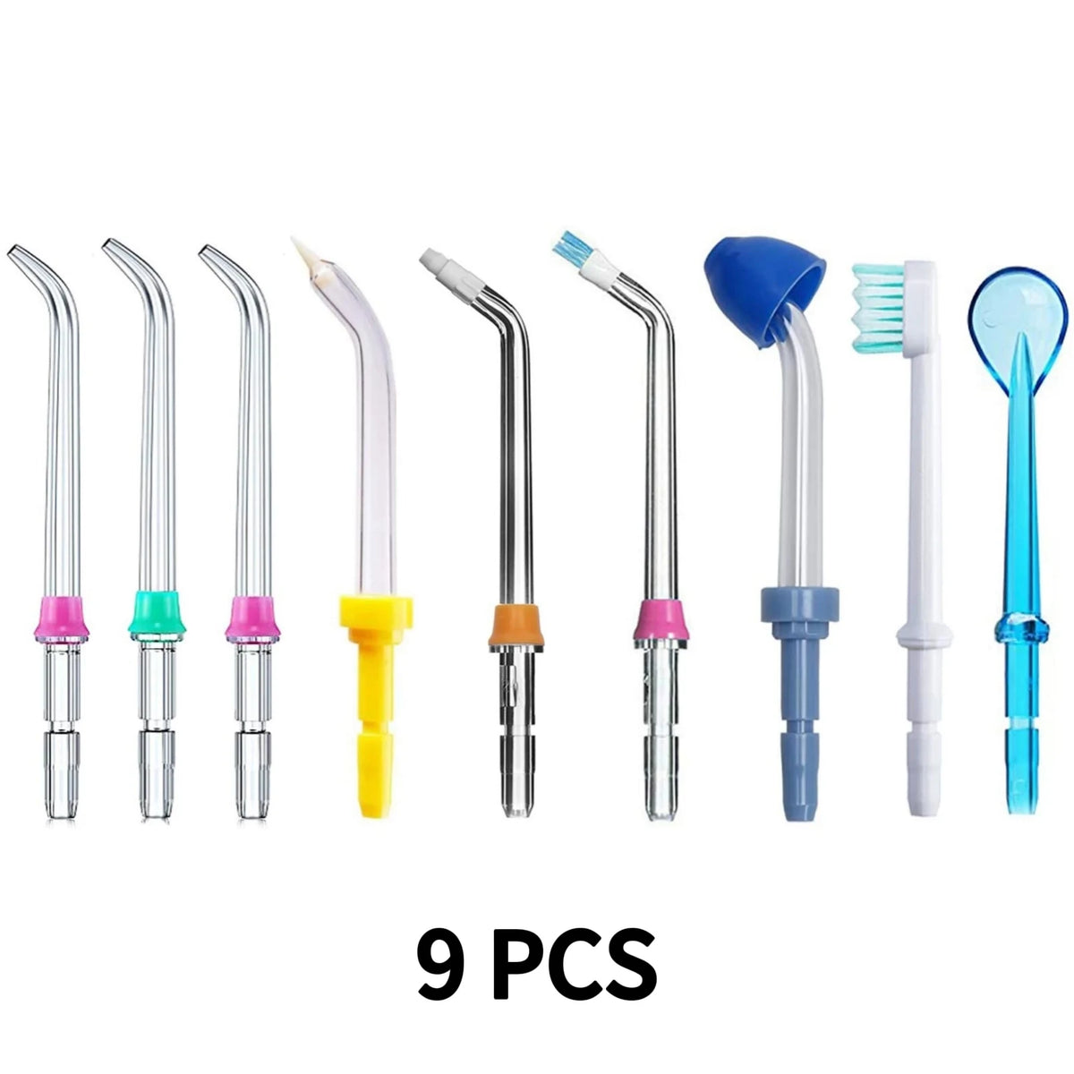 A set of nine replacement tips and nozzles for a water flosser, including various shapes and colors.