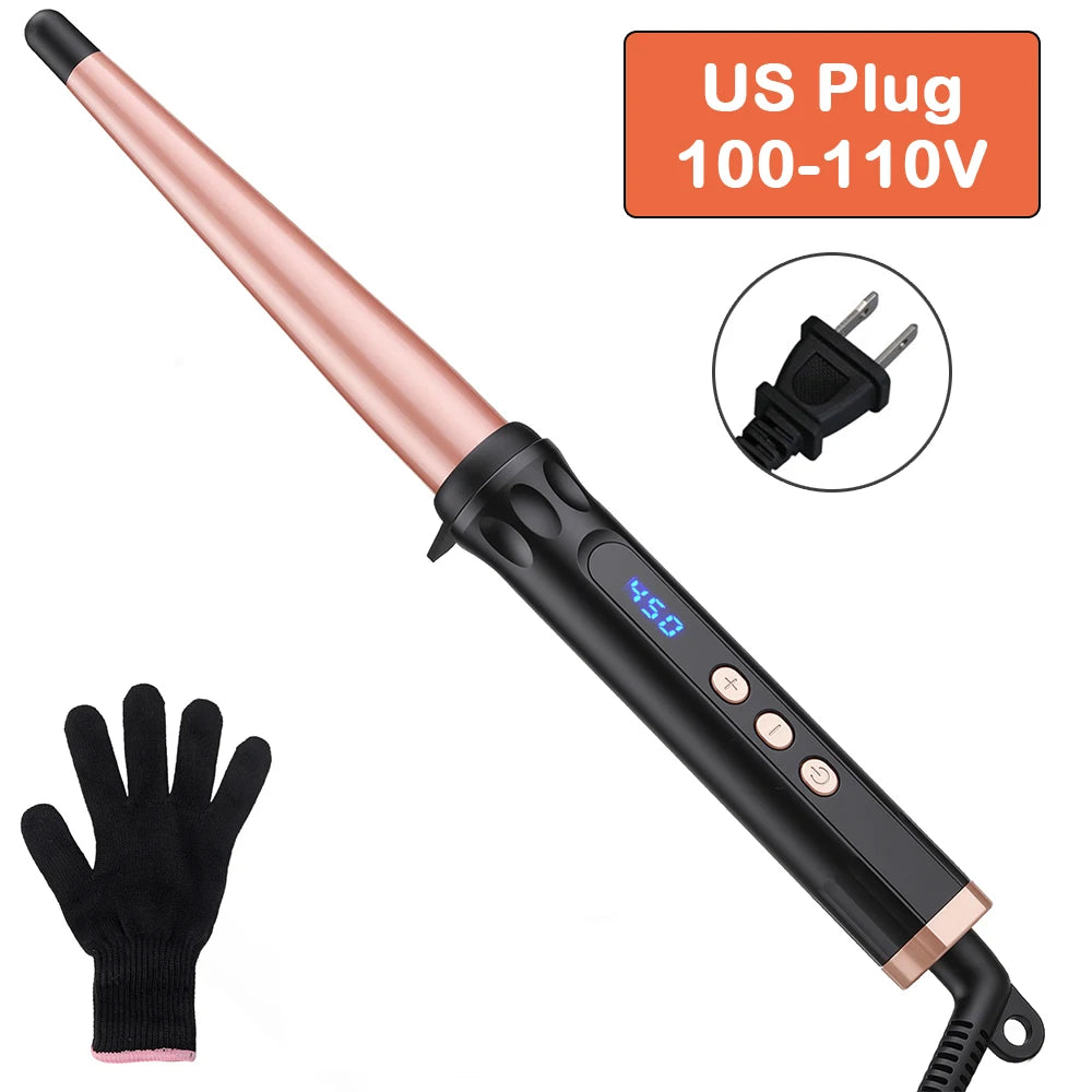 A professional ceramic curling wand with a pink handle and black body, shown next to a black glove.