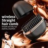 A black wireless straight hair comb is shown in a close-up against a gold background.