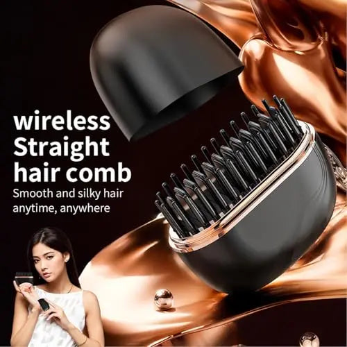 A black wireless straight hair comb is shown in a close-up against a gold background.
