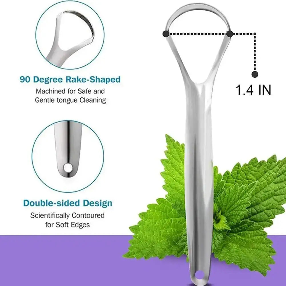 Stainless steel tongue scraper with a 90 degree rake shape and double-sided design shown next to a leaf.