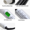 A silver hair straightener with a green LCD display, control buttons, and a 360-degree rotating power cord.