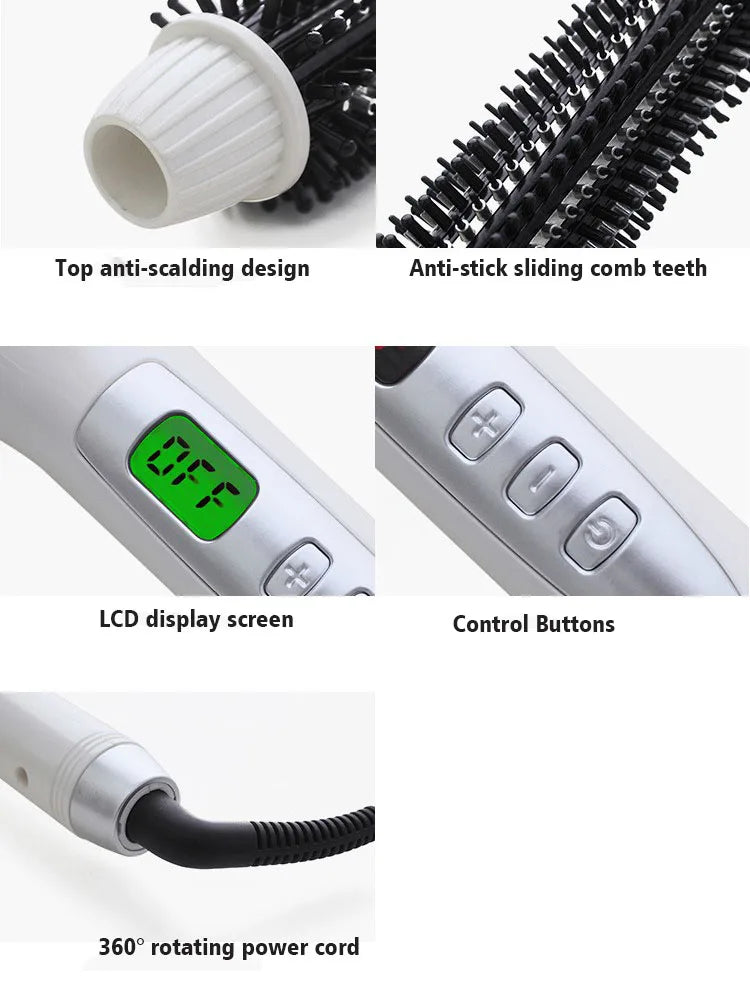 A silver hair straightener with a green LCD display, control buttons, and a 360-degree rotating power cord.