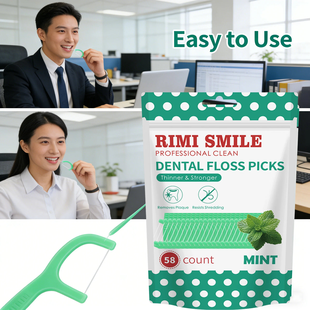 A package of Rimi Smile mint dental floss picks with a green plastic applicator and a portable case.