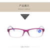 A pair of purple retro style anti-blue light reading glasses shown from the front.