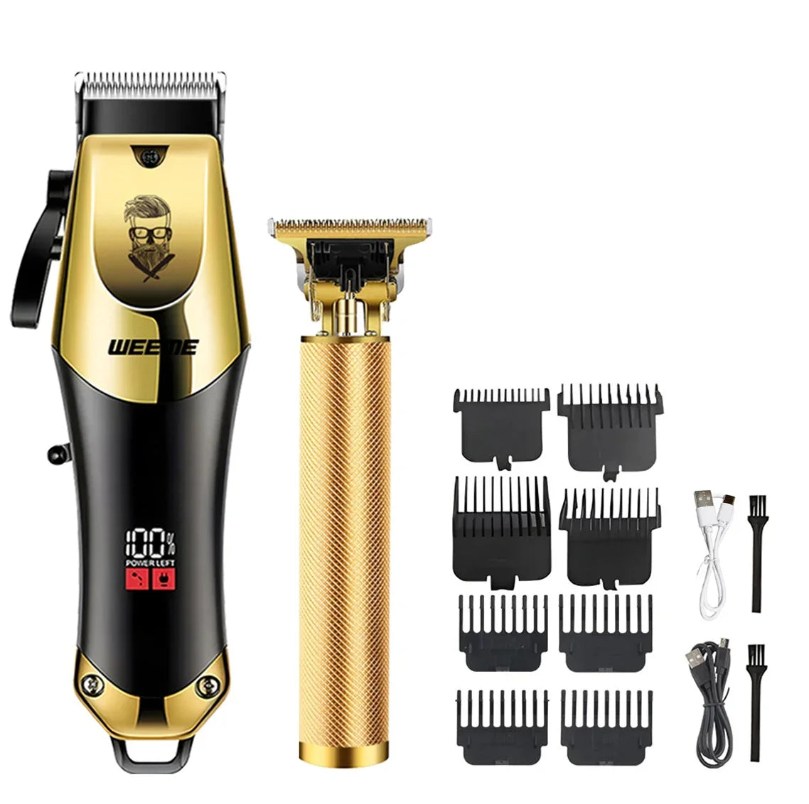 Un cortador de pelo eléctrico dorado y negro con múltiples accesorios para estilizado casero.