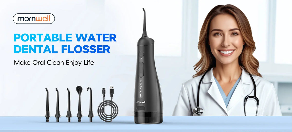 A black portable water dental flosser is displayed next to a smiling woman in a white lab coat.