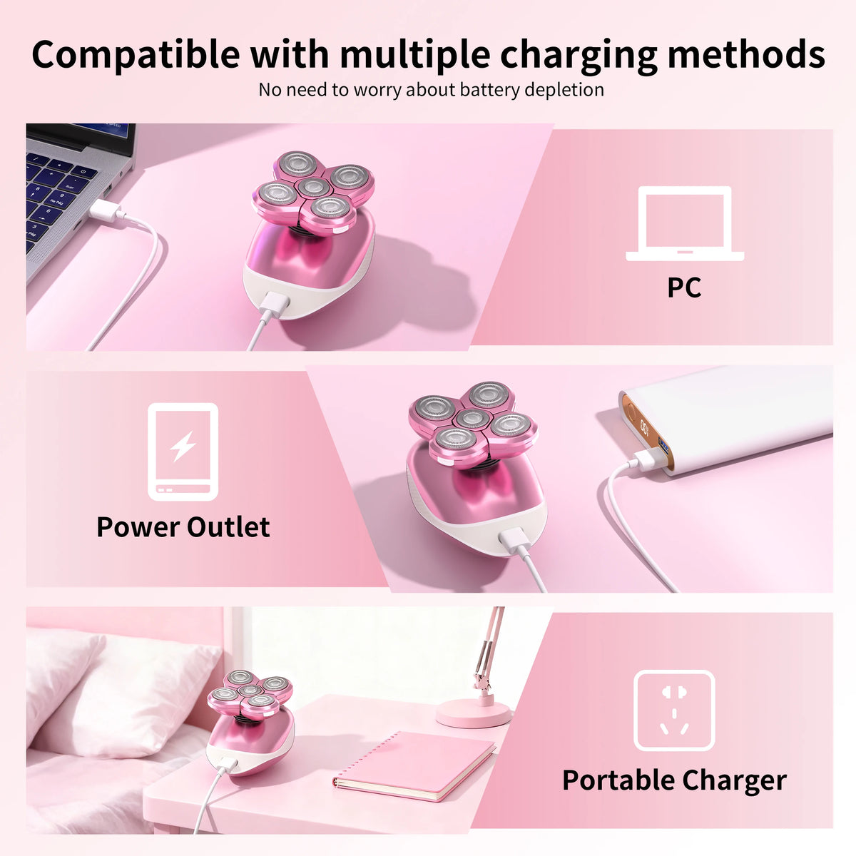 A pink electric body hair removal shaver shown in various charging methods including a PC, power outlet, and as a portable ch