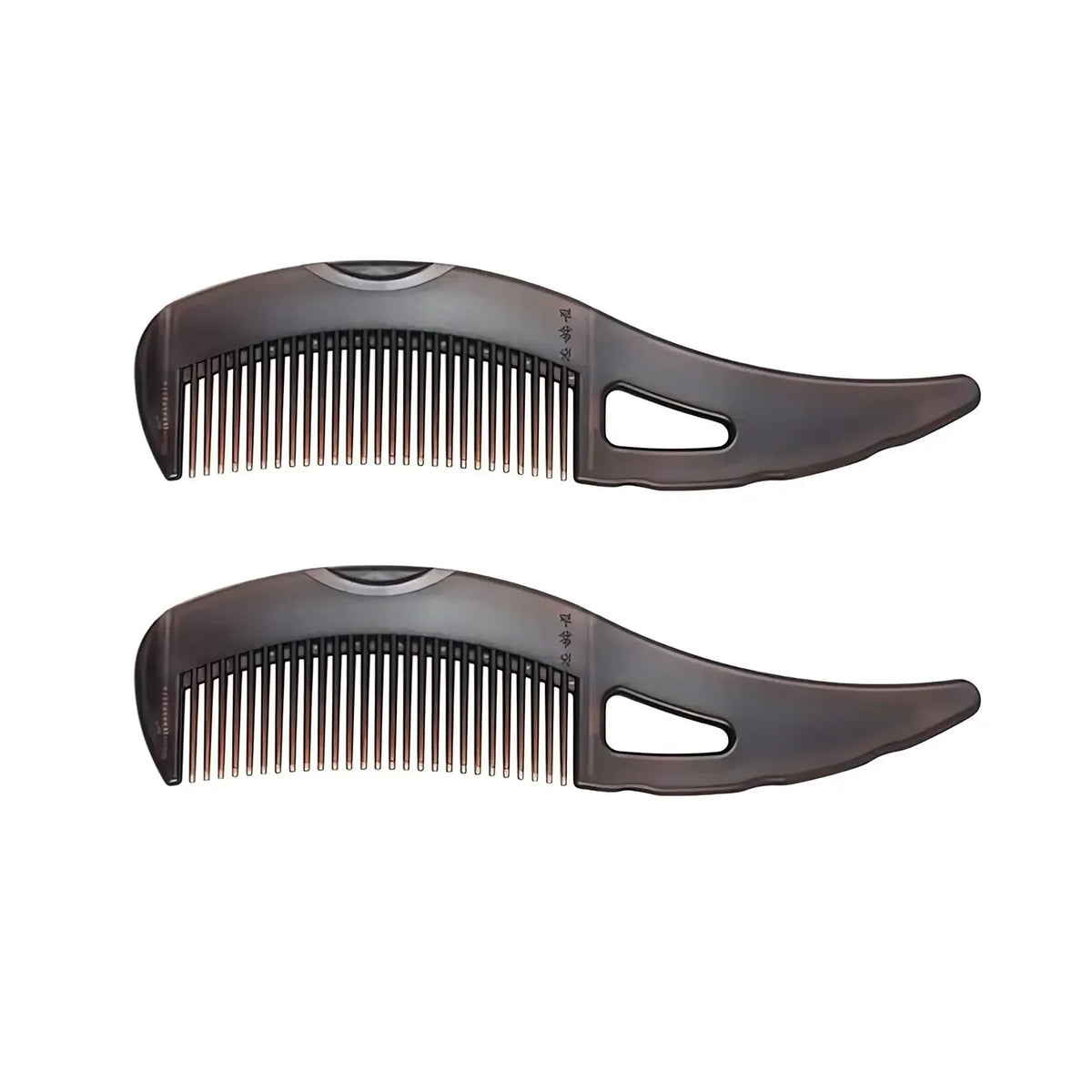 A dark brown self-cleaning dandruff relief comb with scalp massage features fine teeth and a curved handle.