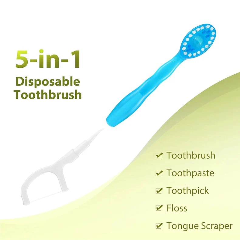 A blue 5-in-1 disposable toothbrush set featuring a brush, toothpaste, toothpick, floss, and tongue scraper.