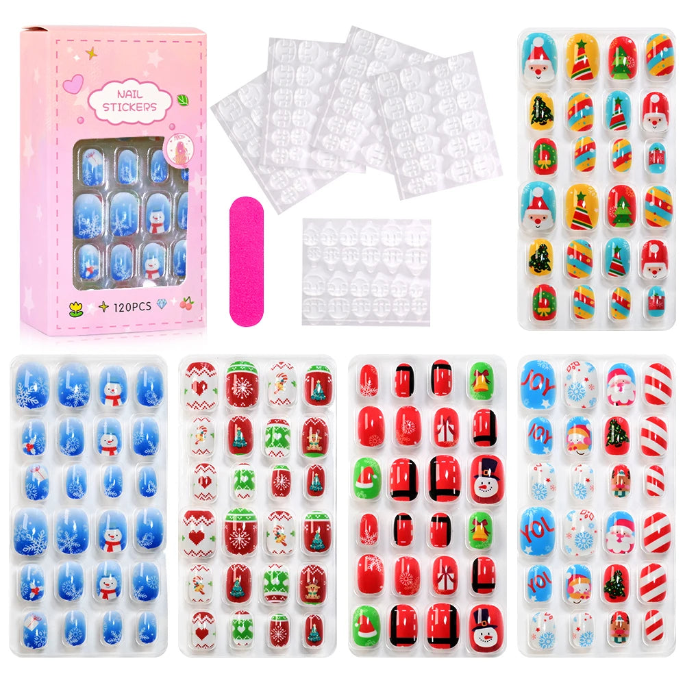 Colección de 120 uñas postizas prensables en varios colores y diseños para niños.