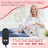 A woman is using a cat-shaped electric heating pad for muscle relief, with various heating levels and timer settings displaye