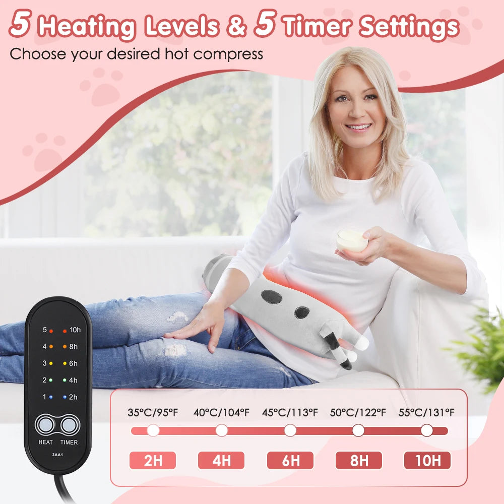 A woman is using a cat-shaped electric heating pad for muscle relief, with various heating levels and timer settings displaye