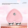 A pink microcurrent facial massager device shown with a close-up of skin layers and collagen activation.