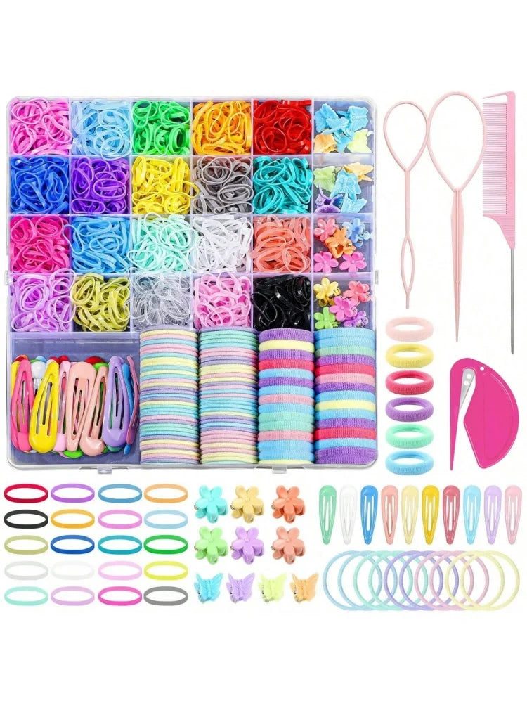 A large set of colorful elastic hair ties and combs for kids, organized in a grid and rows.